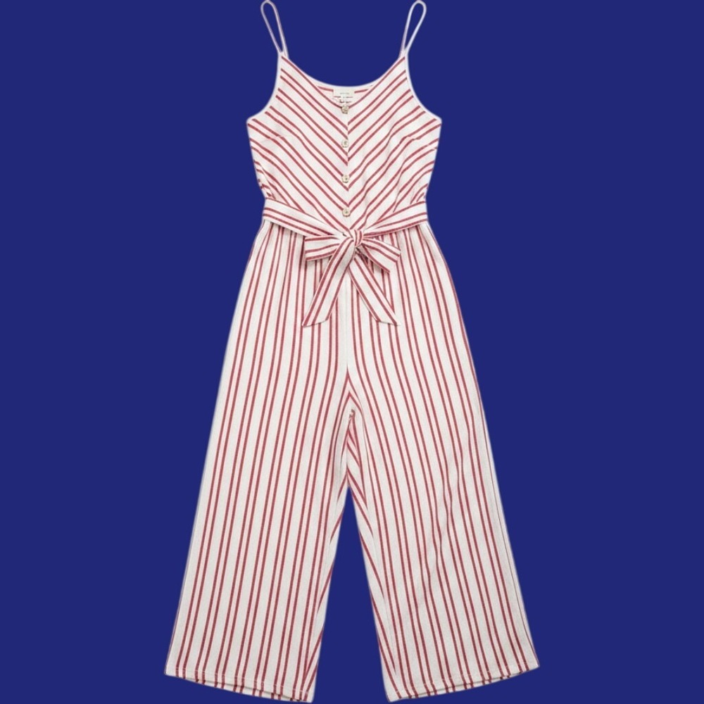 Caution to the Wind Jumpsuit Americana Coastal Chic Flowy White Red Chevron Sz S